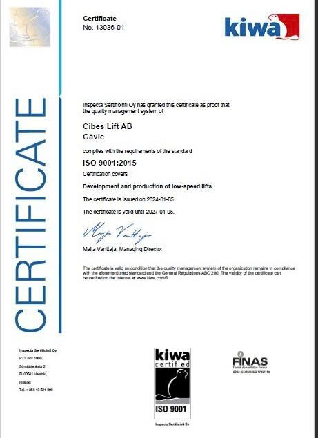 nhà máy Cibes tại Gävle được trao chứng nhận tiêu chuẩn ISO 9001:2015